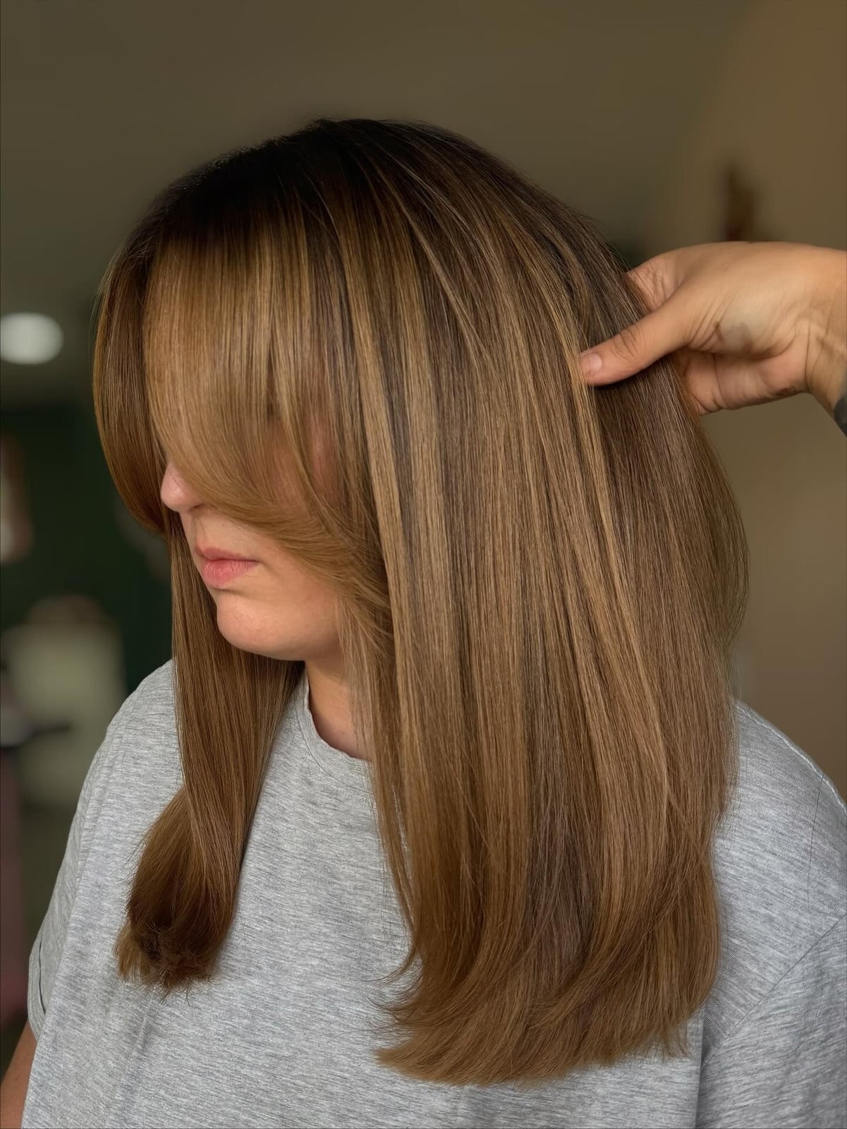 Shoulder Length Honey Brown With Curtain Bangs Shoulder Length Honey Brown With Curtain Bangs — Classy Honey Hair
