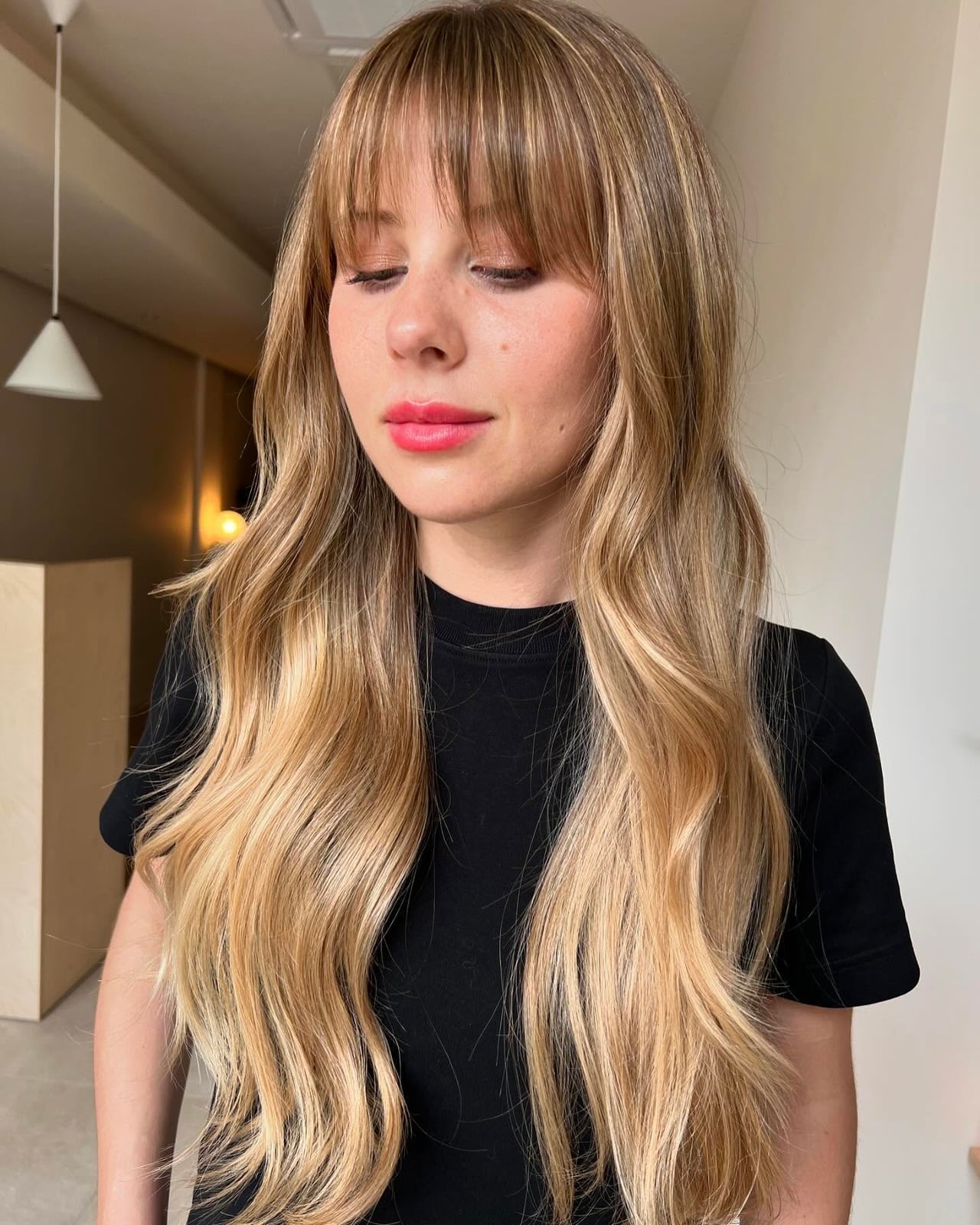 Mid-Back Honey Blonde With Full Fringe Mid-Back Honey Blonde With Full Fringe — Classy Honey Hair