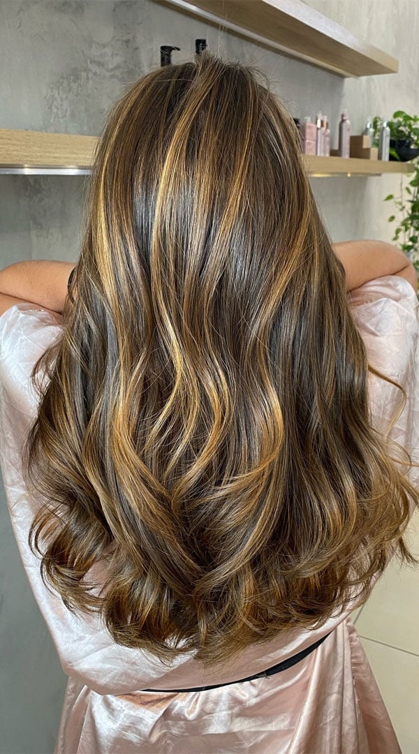 Brunette With Golden Cinnamon Highlights Brunette With Golden Cinnamon Highlights — Classy Honey Highlights