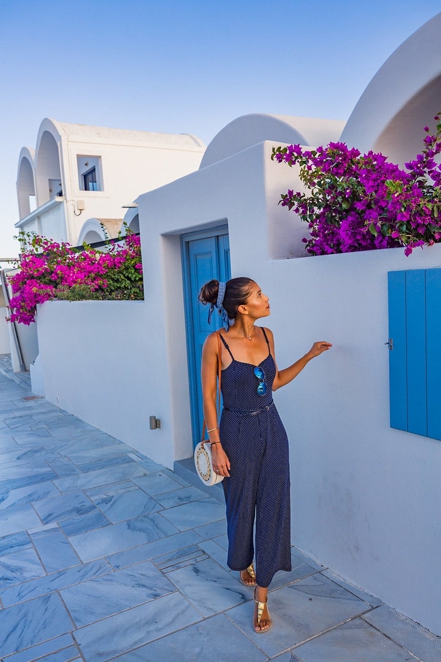 Navy Polka Dot Jumpsuit With Gold Flat Sandals Navy Polka Dot Jumpsuit With Gold Flat Sandals — Classy Hot Weather Outfits