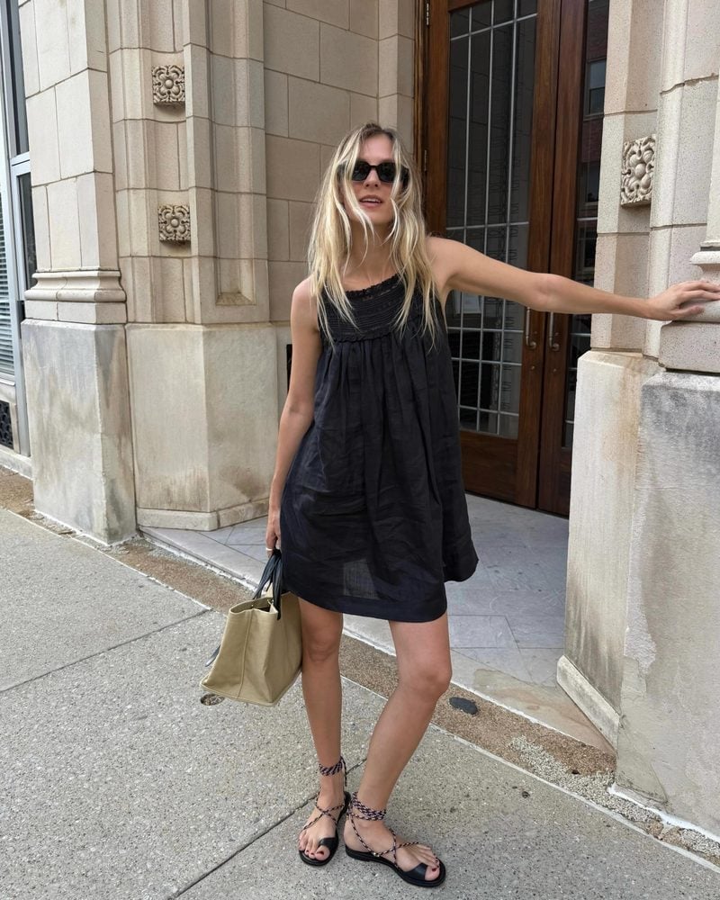 Black Linen Babydoll Mini Dress With Ankle Tie Sandals Black Linen Babydoll Mini Dress With Ankle Tie Sandals — Classy Hot Weather Outfits