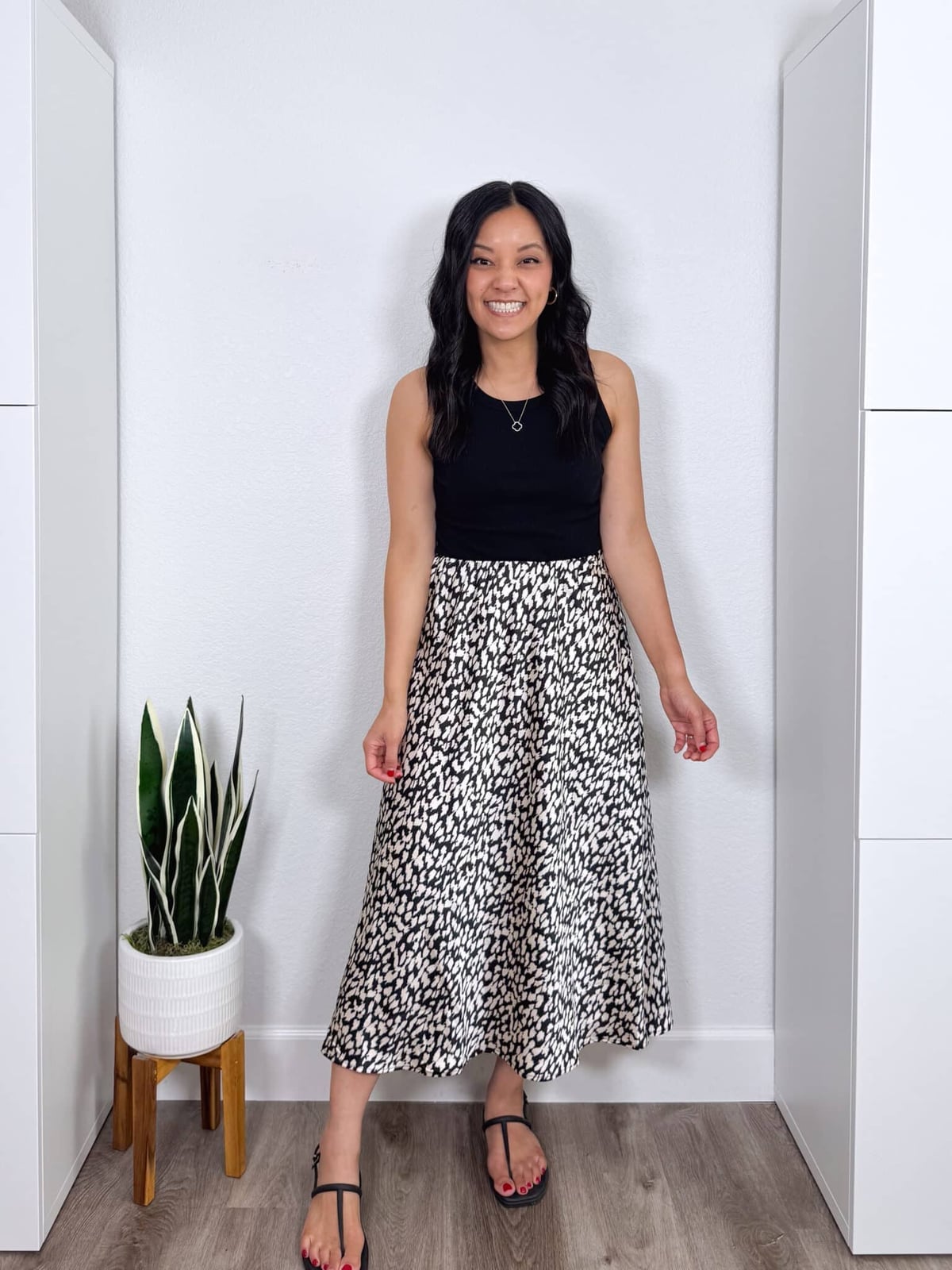 Black Tank Top With Printed Satin Midi Skirt Black Tank Top With Printed Satin Midi Skirt — Classy Hot Weather Outfits