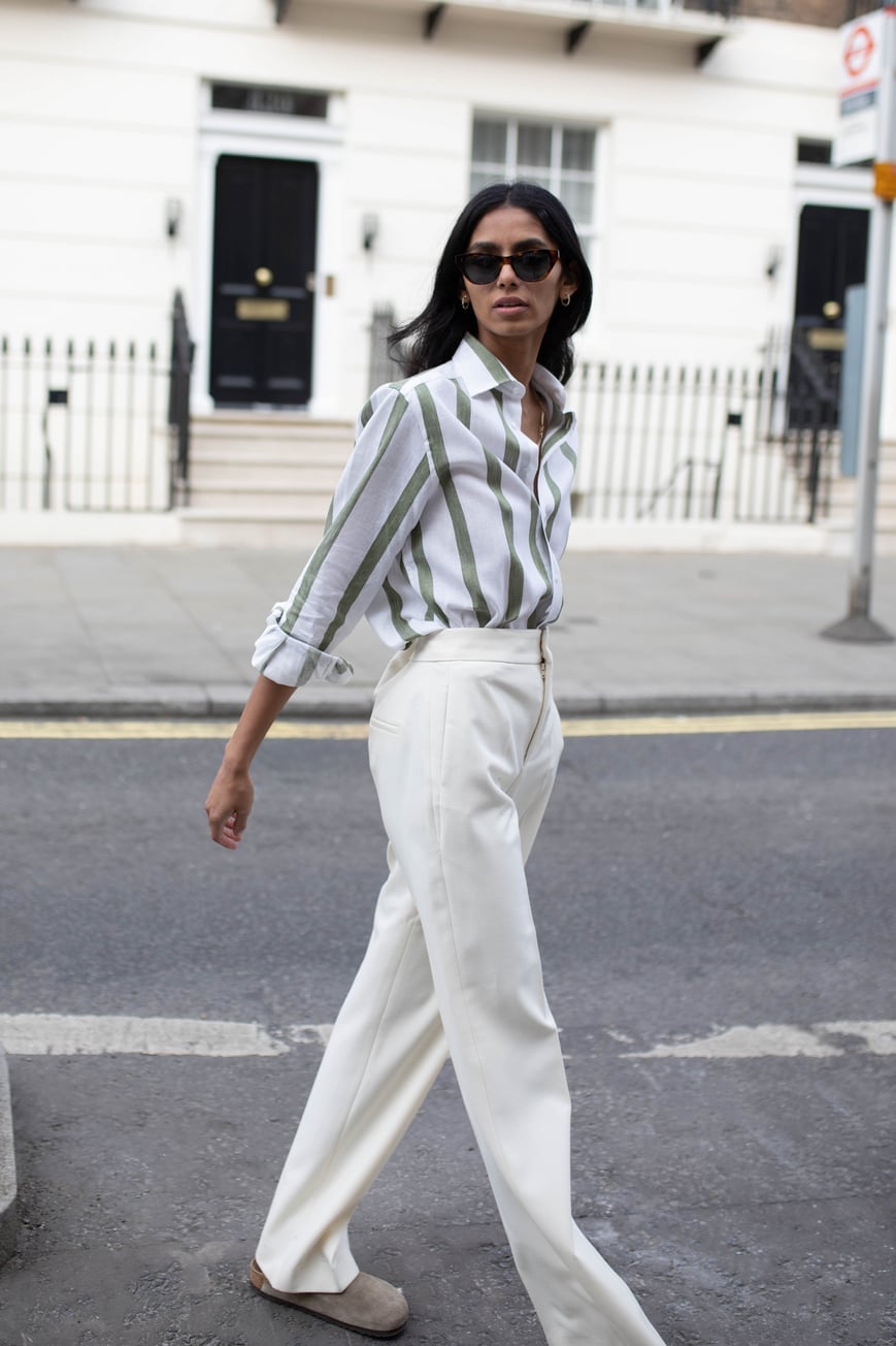 Cream Wide-Leg Trousers With Striped Button-Down Shirt Cream Wide-Leg Trousers With Striped Button-Down Shirt — Classy Hot Weather Outfits