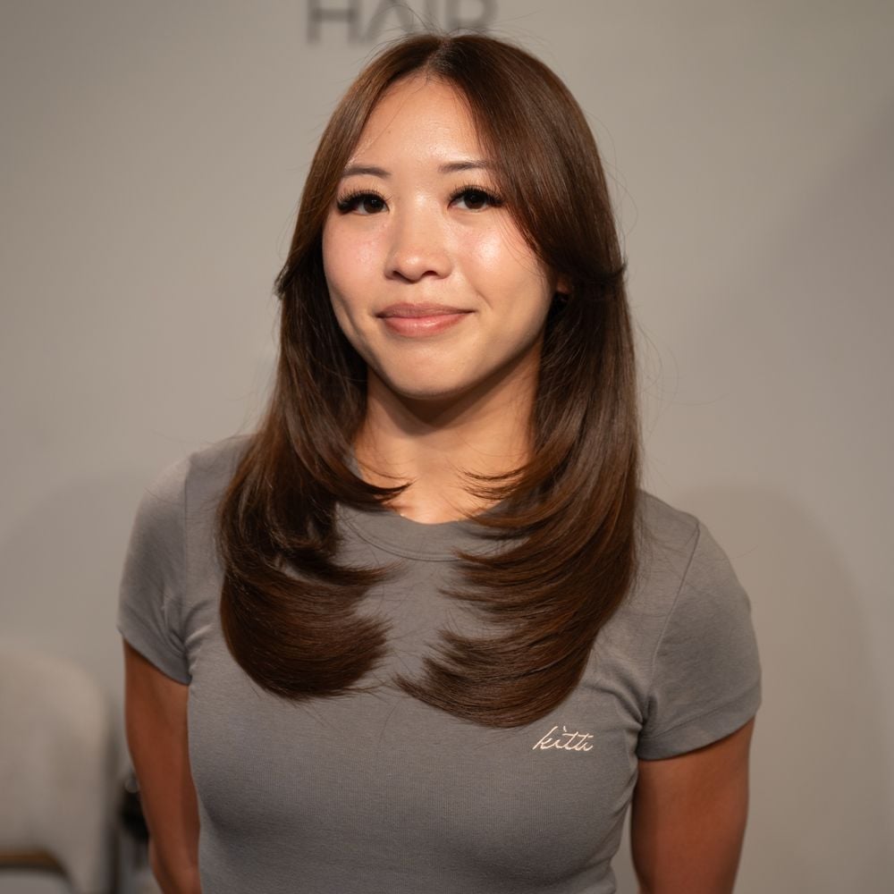 Fitted Grey T-shirt With Long Layered Brown Hair Fitted Grey T-shirt With Long Layered Brown Hair — Classy Hush Cut