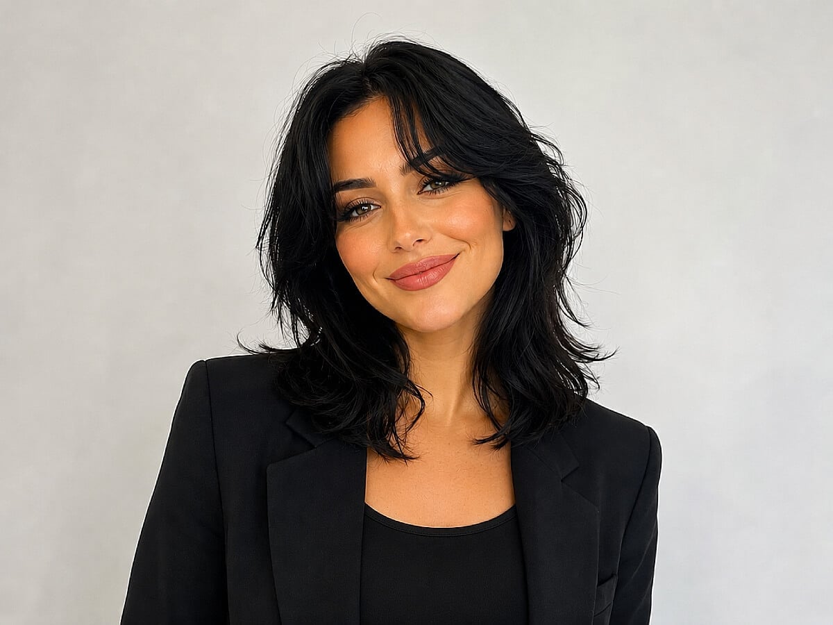 Chic Black Outfit With Soft Layered Hair Chic Black Outfit With Soft Layered Hair — Classy Hush Cut