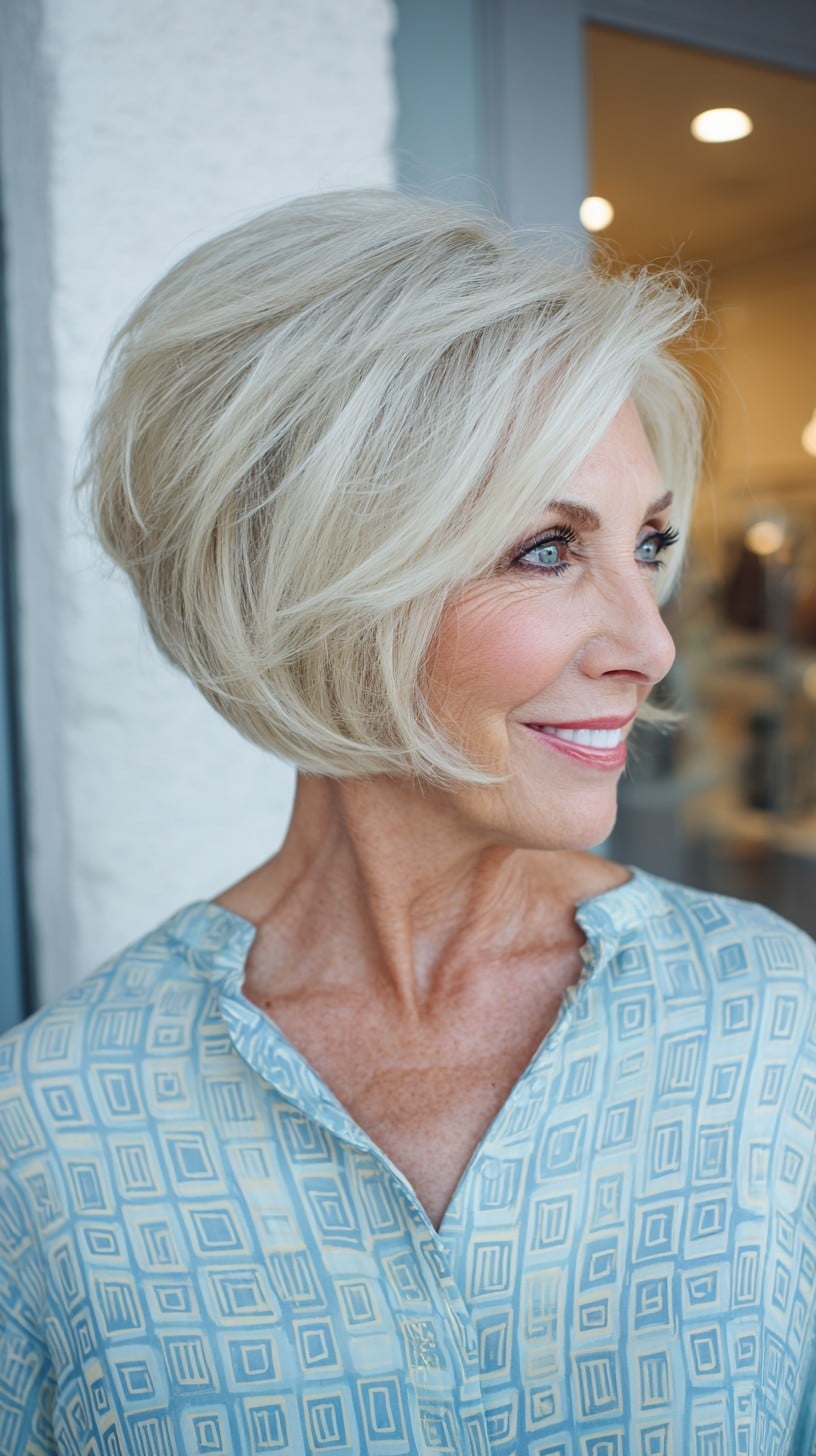 Chin Length Ash Blonde Inverted Bob With Short Textured Bangs — Classy Inverted Bob