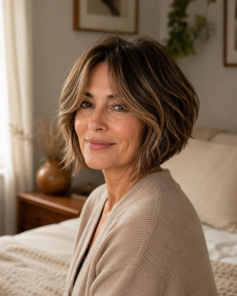 Collarbone Brown Inverted Bob With Curtain Bangs, Wavy — Classy Inverted Bob
