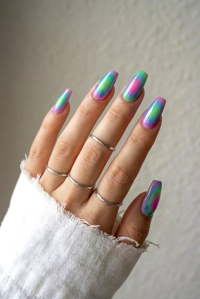 Long Coffin Iridescent Chrome Nails Long Coffin Iridescent Chrome Nails — Classy Iridescent Nails