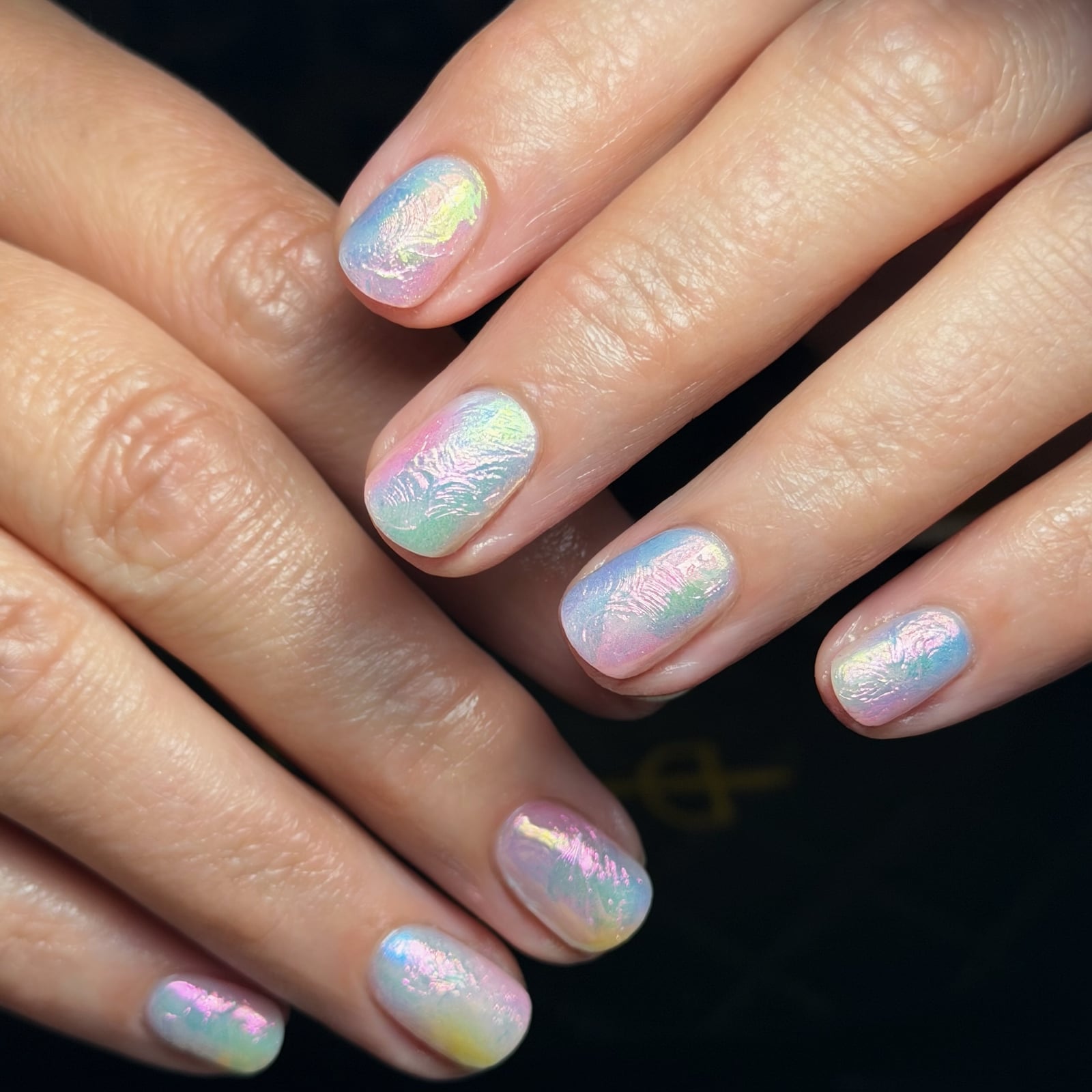 Pale Pink Blue Yellow Green Pearlescent Iridescent, Close-Up Take Pale Pink Blue Yellow Green Pearlescent Iridescent, Close-Up Take — Classy Iridescent Nails