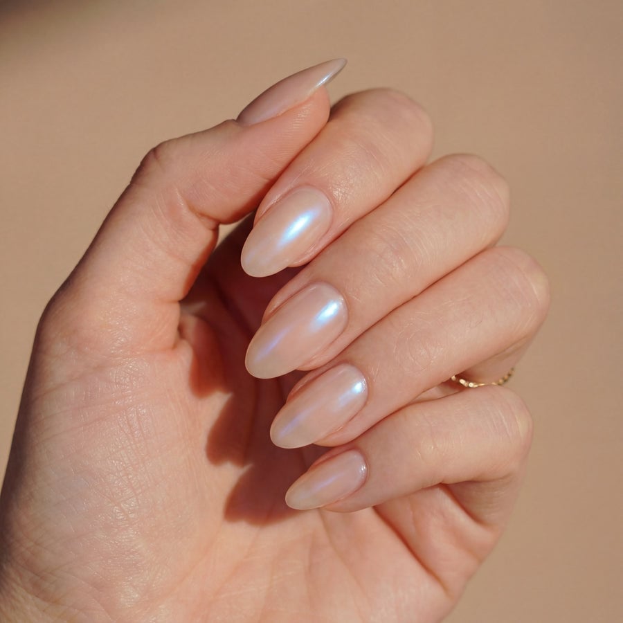 Sheer Nude Pearlescent Medium Oval Nails Sheer Nude Pearlescent Medium Oval Nails — Classy Iridescent Nails