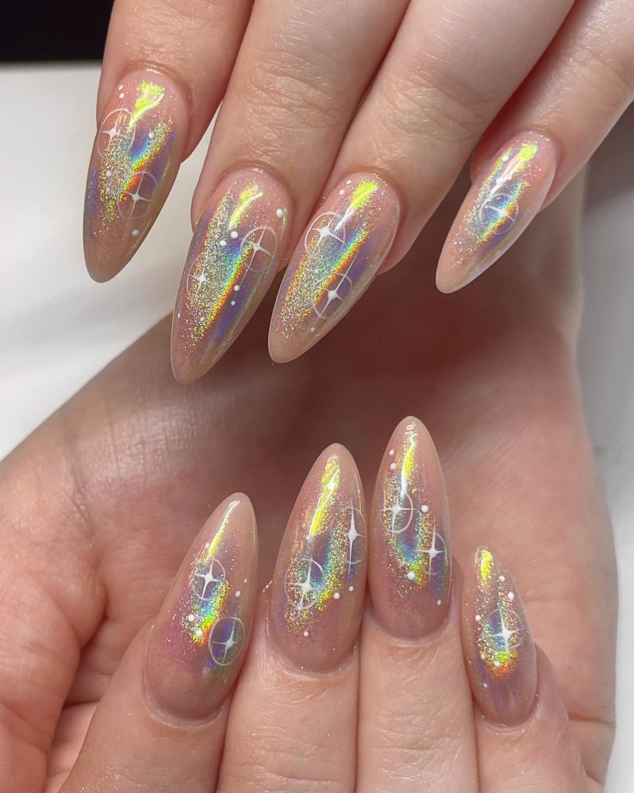 Long Stiletto Holographic Shimmer Nude Nails Long Stiletto Holographic Shimmer Nude Nails — Classy Iridescent Nails