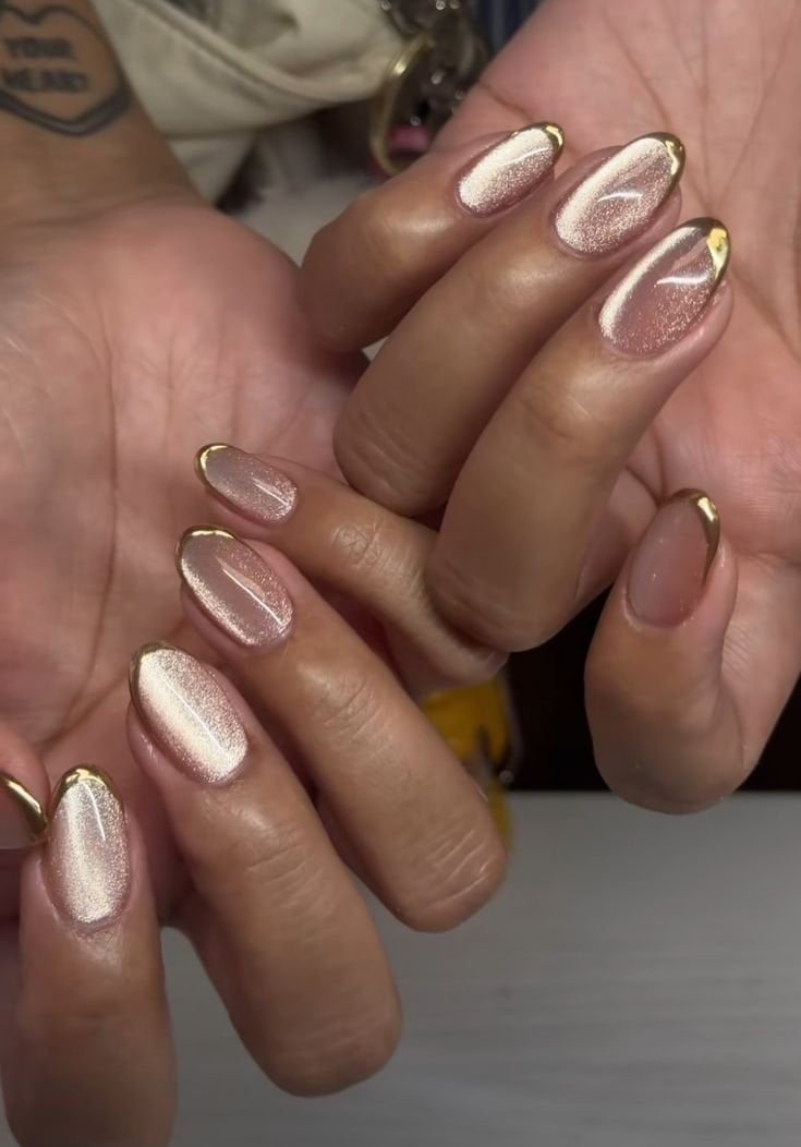 Nude Pearlescent Cat Eye Gold French Almond Nails Nude Pearlescent Cat Eye Gold French Almond Nails — Classy Iridescent Nails