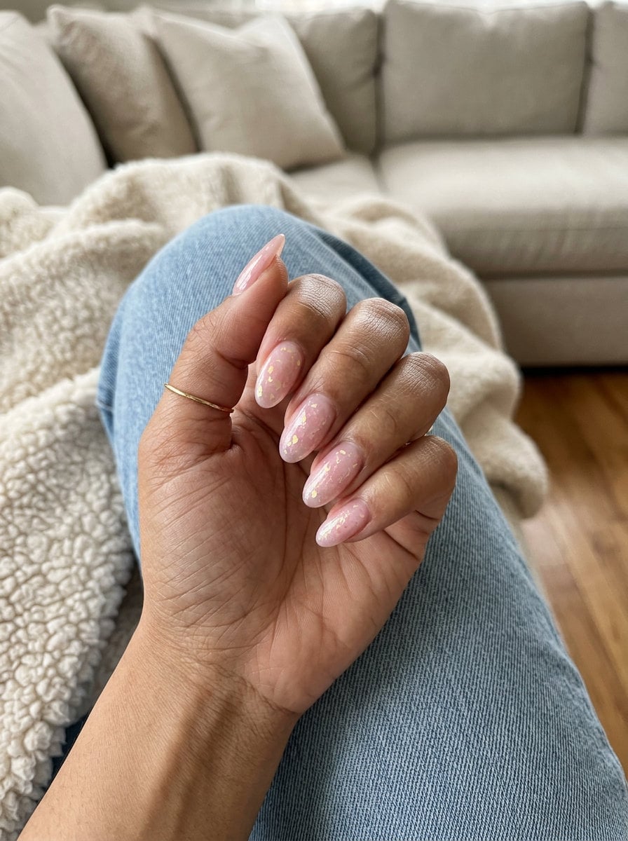 Pale Pink Pearlescent Wavy Lines Medium Oval Nails, Delicate Pale Pink Pearlescent Wavy Lines Medium Oval Nails, Delicate — Classy Iridescent Nails