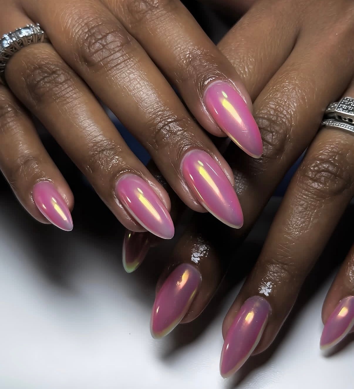 Pink Pearlescent Chrome Medium Almond Nails Pink Pearlescent Chrome Medium Almond Nails — Classy Iridescent Nails