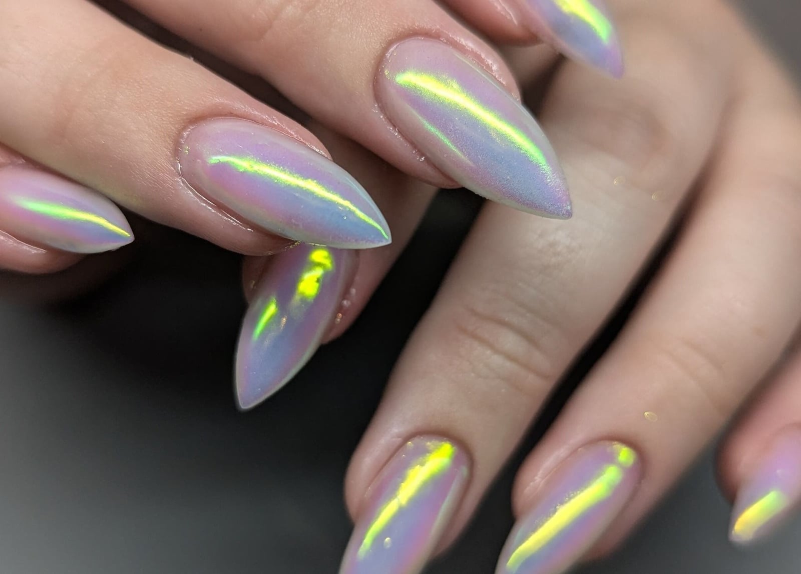 Pale Pink Iridescent Chrome Medium Almond Nails, Yellow Pale Pink Iridescent Chrome Medium Almond Nails, Yellow — Classy Iridescent Nails