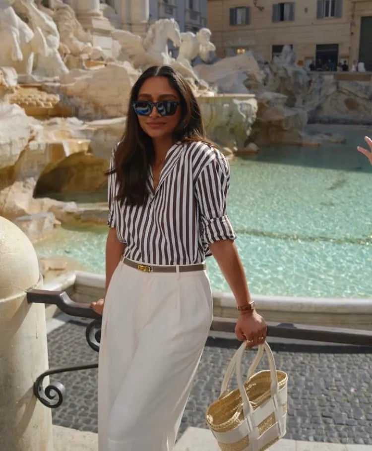 Striped Button-Up and White Wide-Leg Trousers Striped Button-Up and White Wide-Leg Trousers — Classy Italian Style