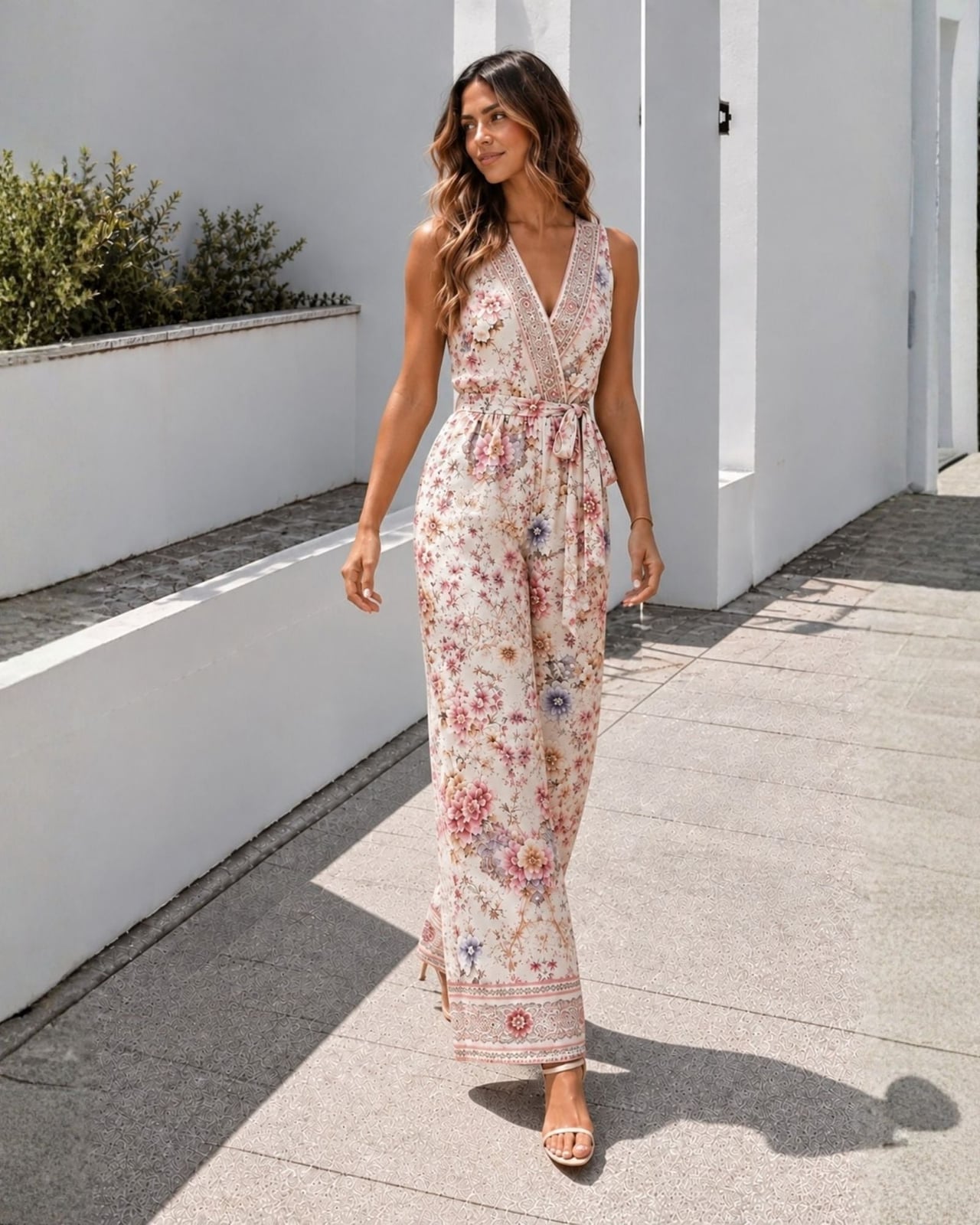 Cream Floral Print Jumpsuit With Tie Waist Cream Floral Print Jumpsuit With Tie Waist — Classy Jumpsuit Outfits