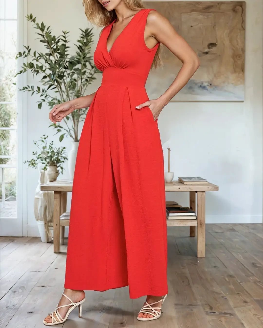 Vibrant Red Sleeveless Jumpsuit With Wide Legs Vibrant Red Sleeveless Jumpsuit With Wide Legs — Classy Jumpsuit Outfits