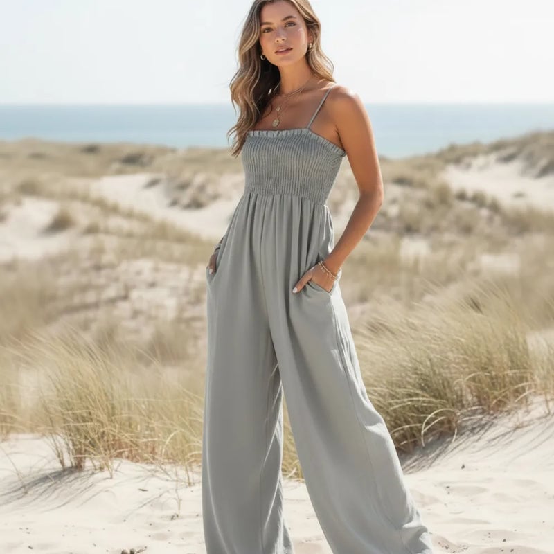 Grey-Blue Smocked Spaghetti Strap Jumpsuit Grey-Blue Smocked Spaghetti Strap Jumpsuit — Classy Jumpsuit Outfits