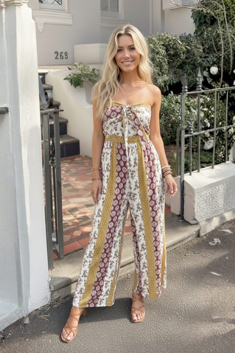 Cream Cotton Jumpsuit With Mixed Prints Cream Cotton Jumpsuit With Mixed Prints — Classy Jumpsuit Outfits