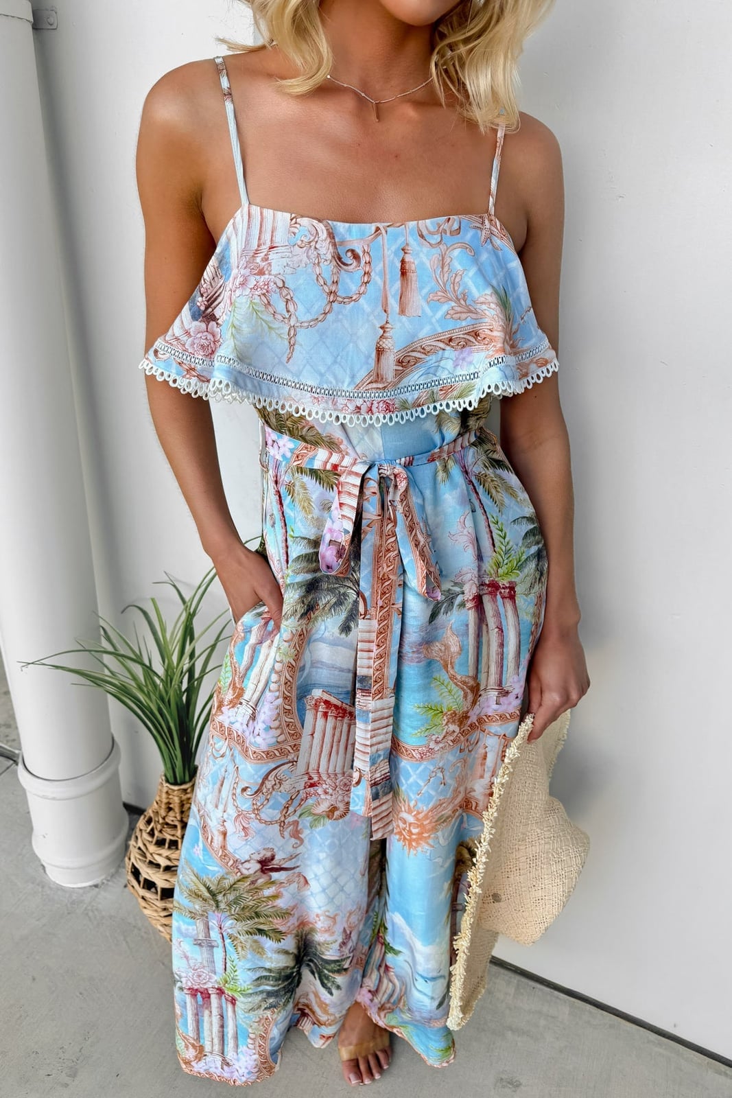Blue Scenic Print Jumpsuit With Ruffle Overlay Blue Scenic Print Jumpsuit With Ruffle Overlay — Classy Jumpsuit Outfits