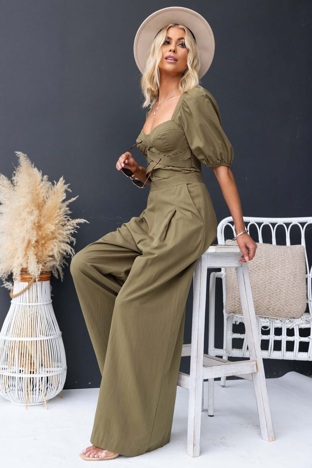 Olive Green Puff Sleeve Jumpsuit With Wide Legs Olive Green Puff Sleeve Jumpsuit With Wide Legs — Classy Jumpsuit Outfits