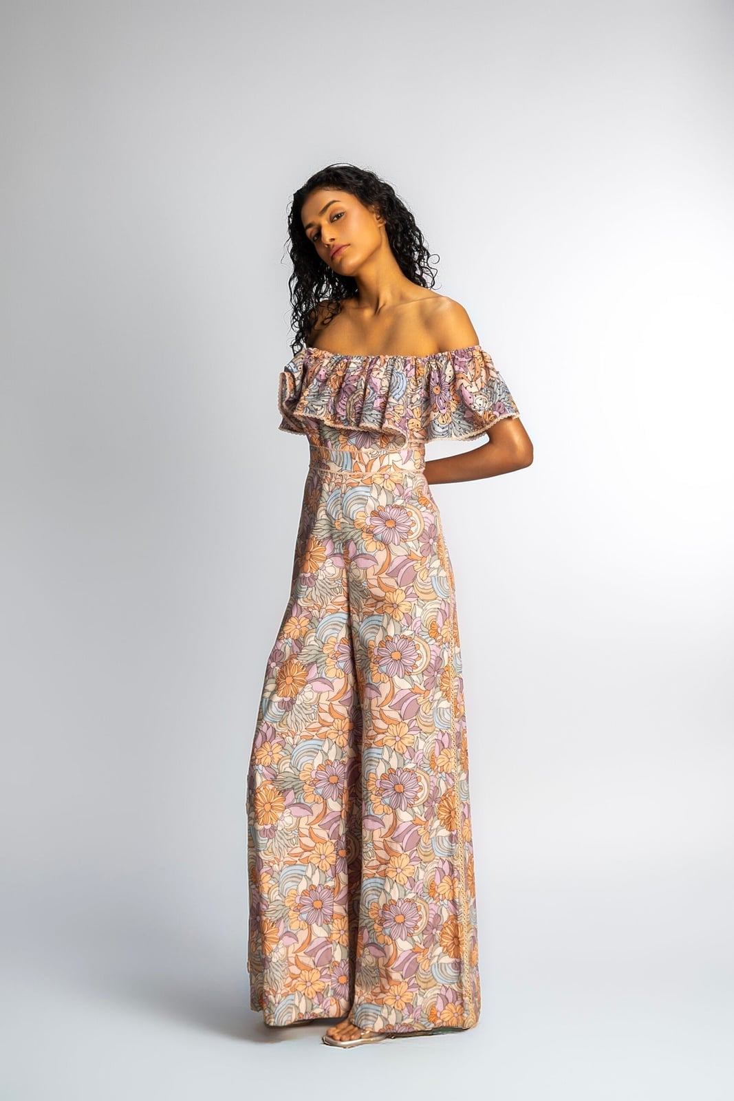 Pastel Floral Chiffon Jumpsuit With Ruffled Neckline Pastel Floral Chiffon Jumpsuit With Ruffled Neckline — Classy Jumpsuit Outfits