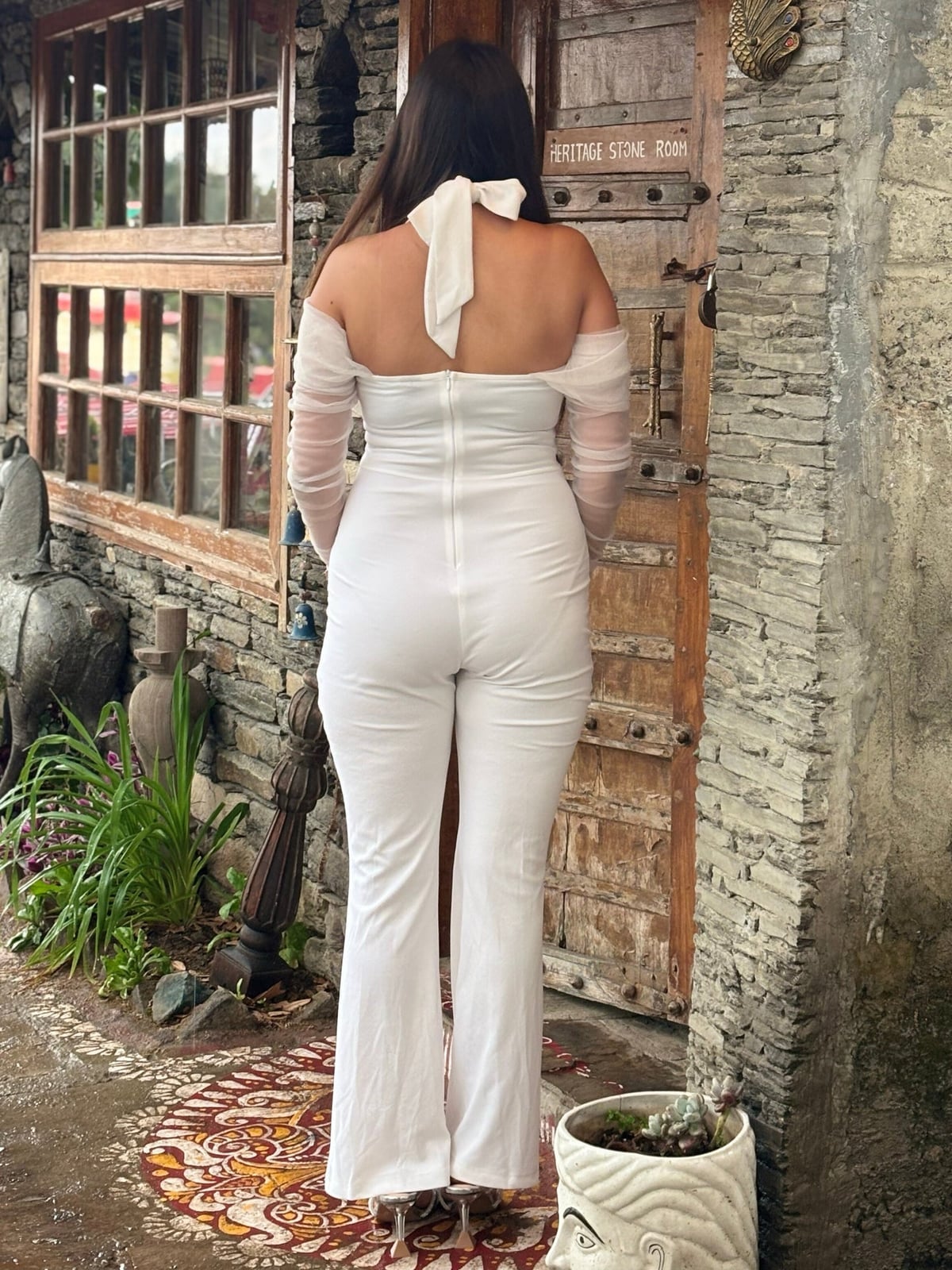 White Off-Shoulder Jumpsuit With Sheer Sleeves White Off-Shoulder Jumpsuit With Sheer Sleeves — Classy Jumpsuit Outfits