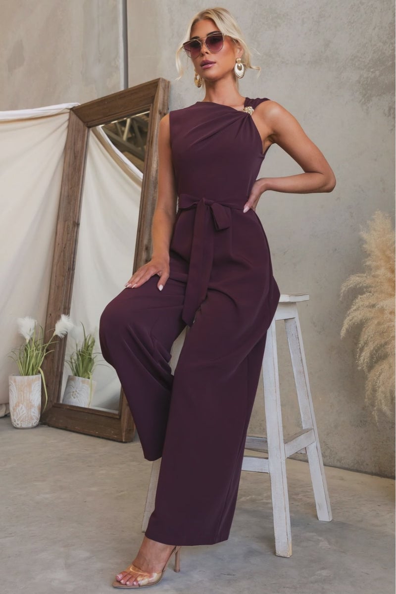 Plum One-Shoulder Jumpsuit With Gold Accents Plum One-Shoulder Jumpsuit With Gold Accents — Classy Jumpsuit Outfits