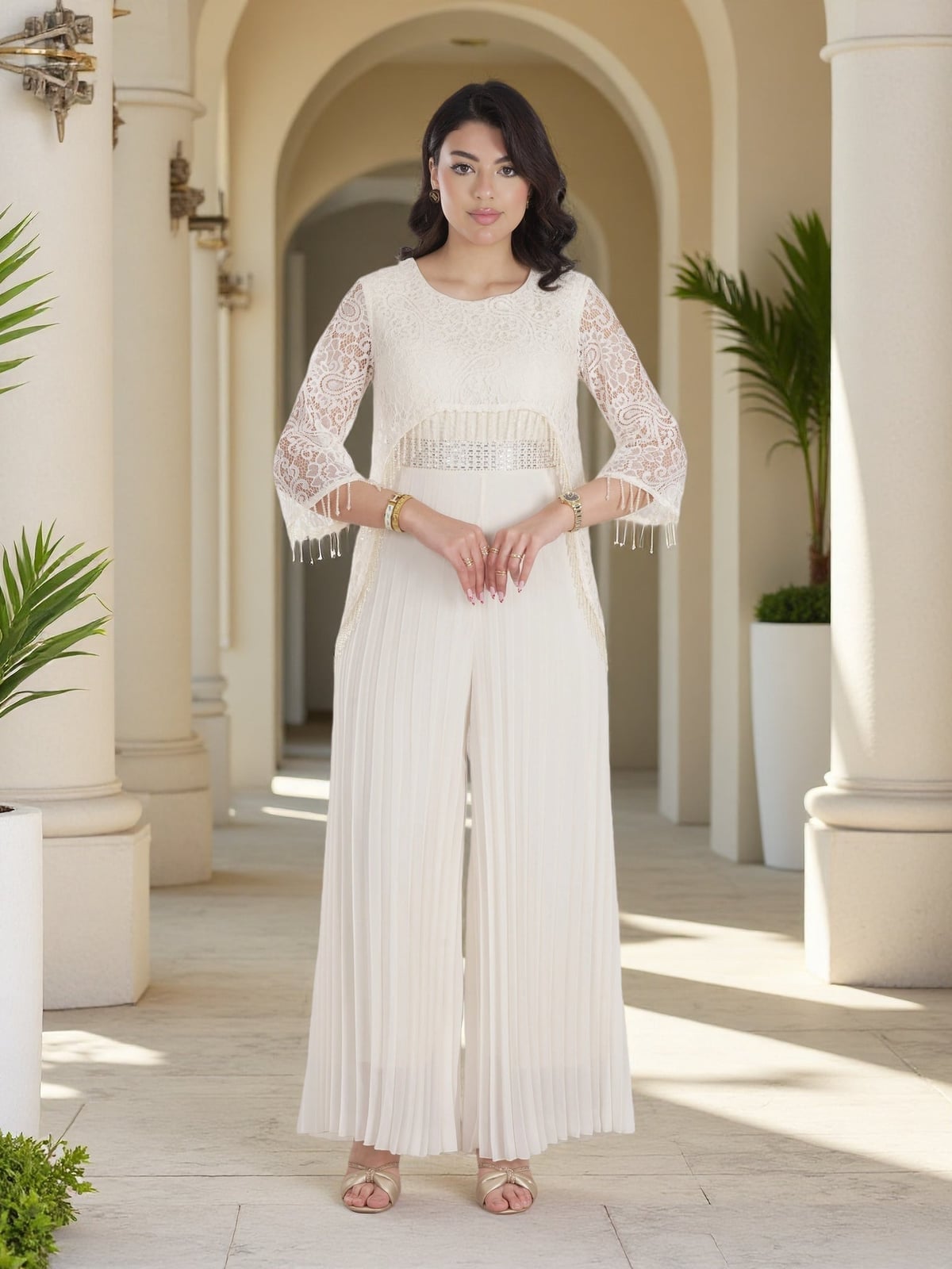 Ivory Lace Overlay Jumpsuit With Fringed Sleeves Ivory Lace Overlay Jumpsuit With Fringed Sleeves — Classy Jumpsuit Outfits