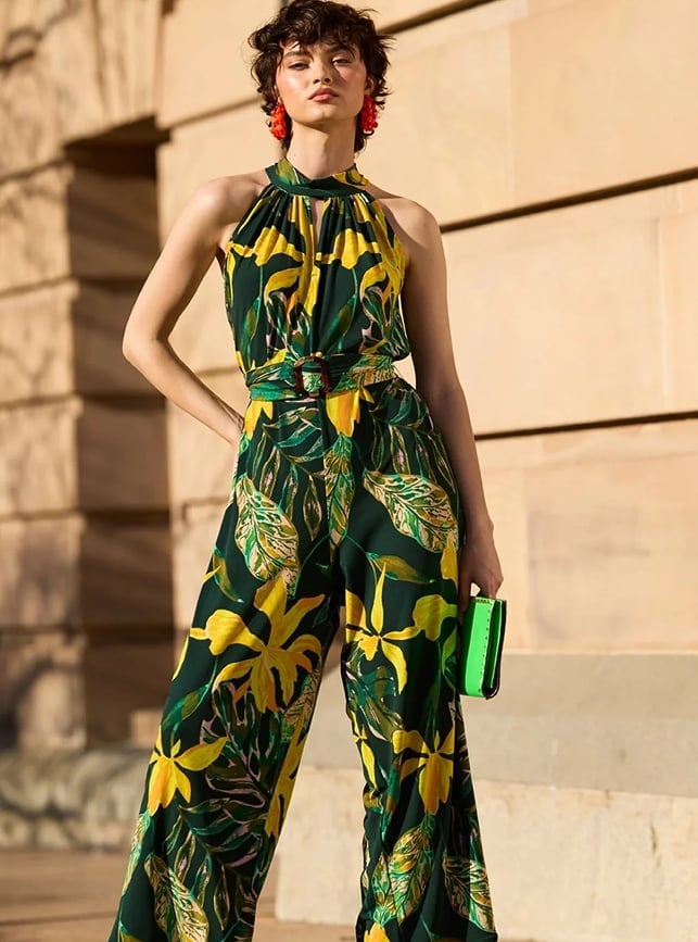 Dark Green Tropical Print Halter Neck Jumpsuit Dark Green Tropical Print Halter Neck Jumpsuit — Classy Jumpsuit Outfits