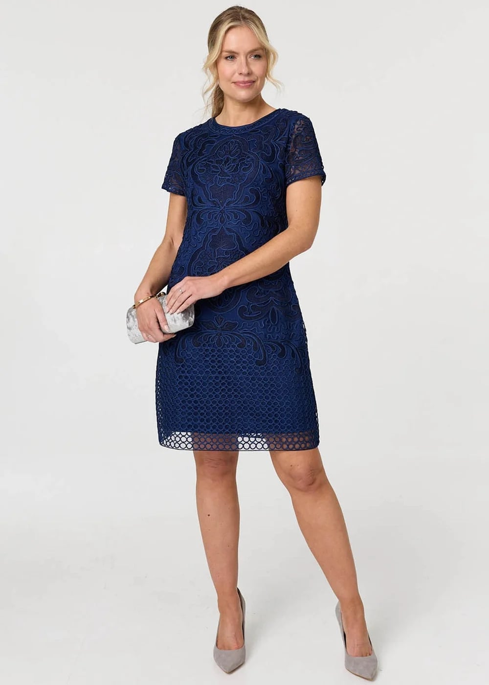 Navy Blue Lace Dress with Sheer Overlay Navy Blue Lace Dress with Sheer Overlay — Classy Knee Length Dress
