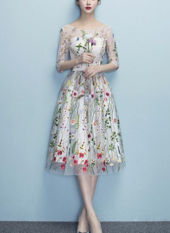 White Embroidered Midi Dress with Floral Detail White Embroidered Midi Dress with Floral Detail — Classy Knee Length Dress