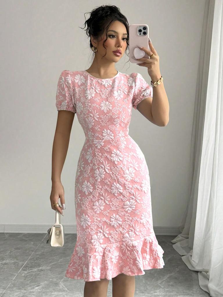 Pink Floral Lace Dress with Bodycon Silhouette Pink Floral Lace Dress with Bodycon Silhouette — Classy Knee Length Dress