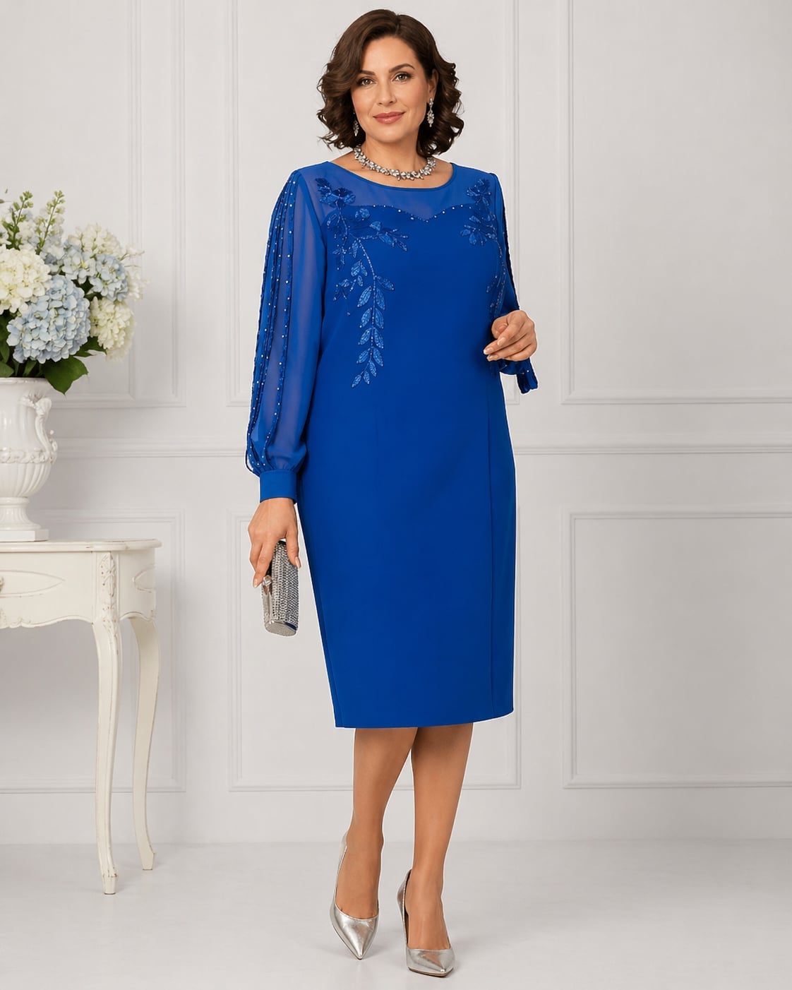 Royal Blue Crepe Dress with Beaded Sheer Sleeves Royal Blue Crepe Dress with Beaded Sheer Sleeves — Classy Knee Length Dress