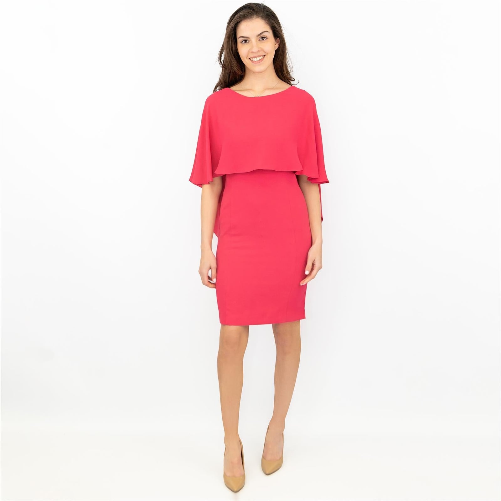 Bright Pink Shift Dress with Cape Overlay Bright Pink Shift Dress with Cape Overlay — Classy Knee Length Dress