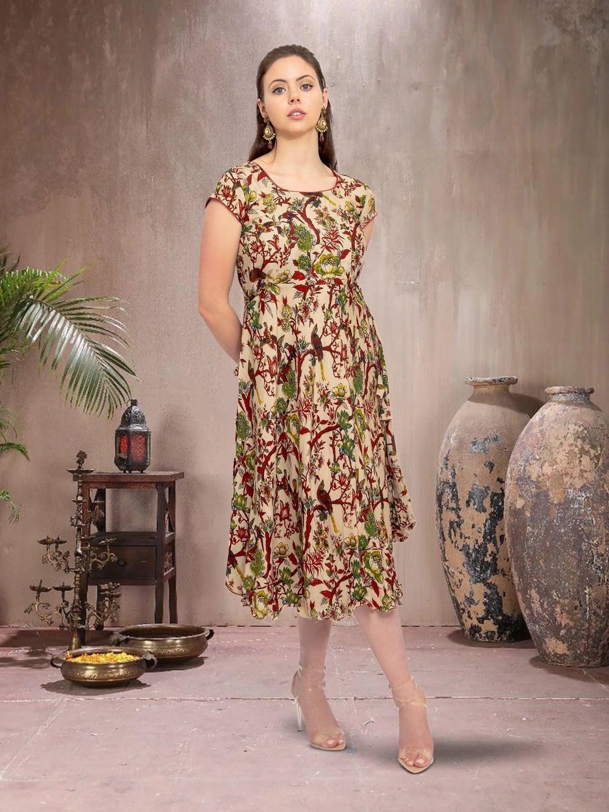 Cream Printed A-Line Dress with Bird Motif Cream Printed A-Line Dress with Bird Motif — Classy Knee Length Dress