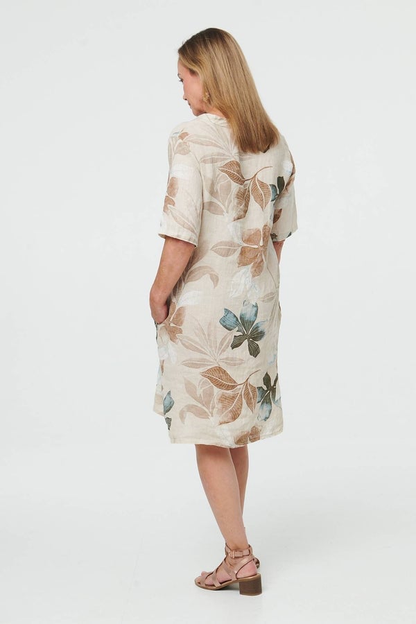 Beige Linen Blend Dress with Leaf Print Beige Linen Blend Dress with Leaf Print — Classy Knee Length Dress