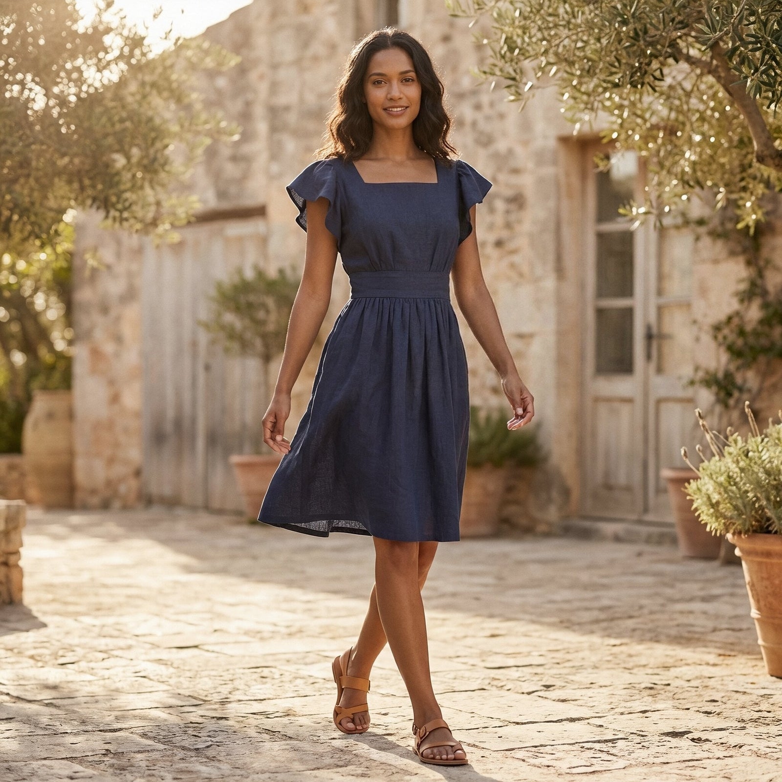Dark Blue A-Line Dress with Square Neckline and Tan Flat Sandals Dark Blue A-Line Dress with Square Neckline and Tan Flat Sandals — Classy Knee Length Dress