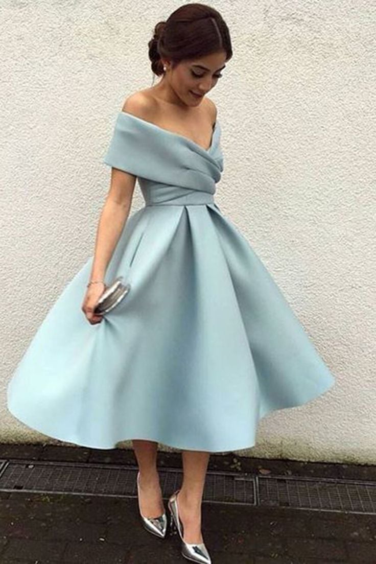 Light Blue Satin Off-The-Shoulder Midi Dress Light Blue Satin Off-The-Shoulder Midi Dress — Classy Knee Length Dress