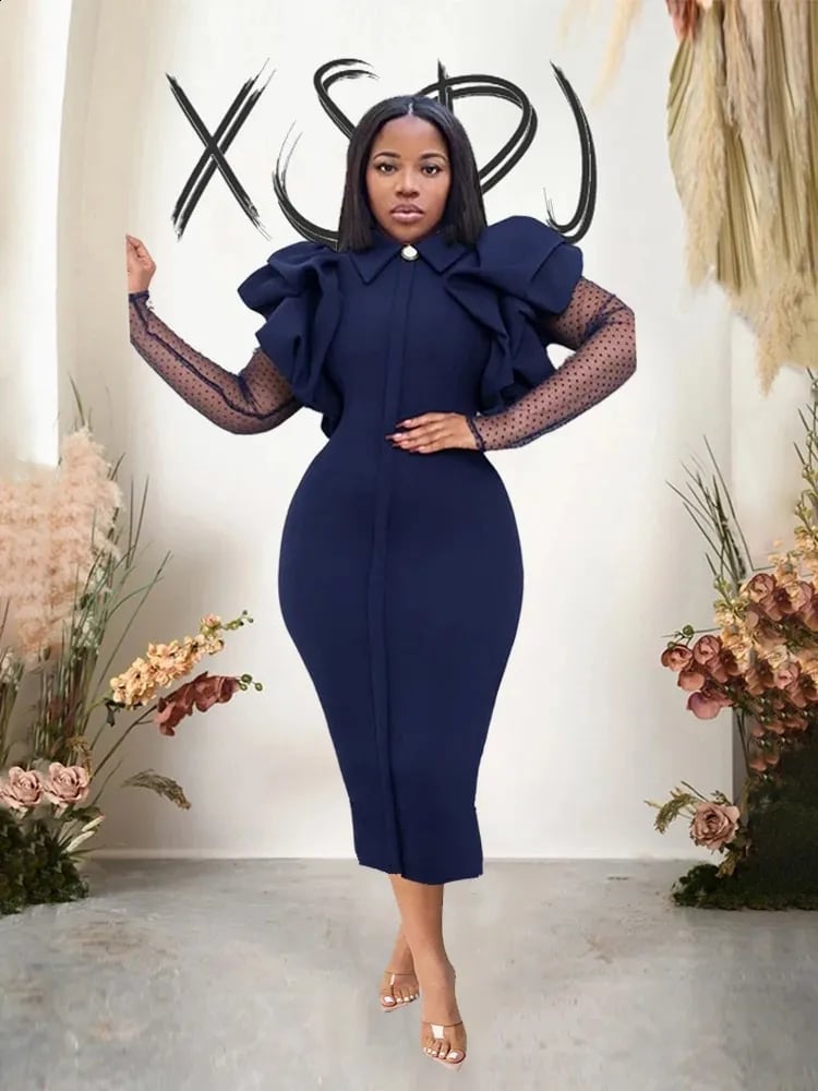 Navy Blue Collared Midi Dress with Puff Sleeves Navy Blue Collared Midi Dress with Puff Sleeves — Classy Knee Length Dress
