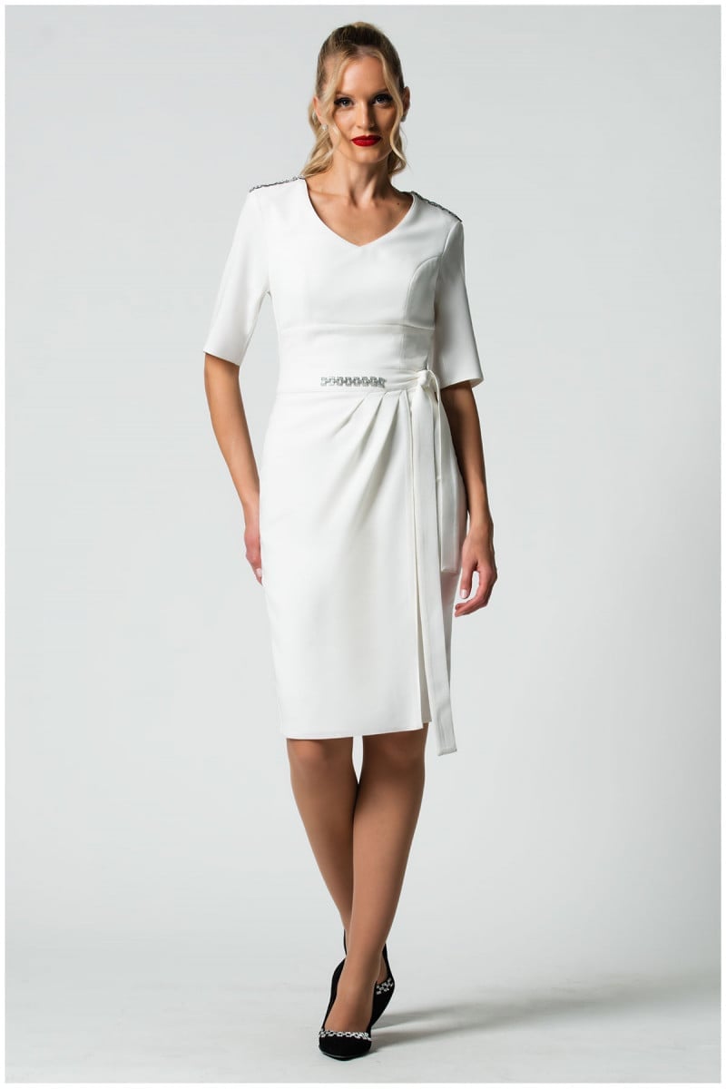 White Knee-Length Dress with Belted Waist White Knee-Length Dress with Belted Waist — Classy Knee Length Dress