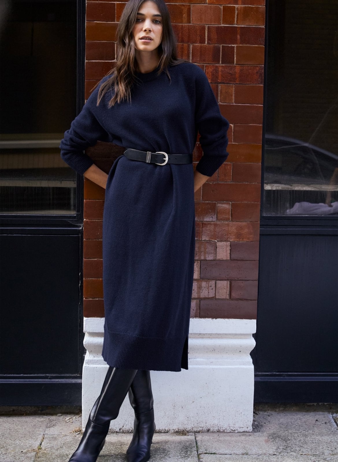 Navy Column Knit Midi Dress with Belt Navy Column Knit Midi Dress with Belt — Classy Knit Dress