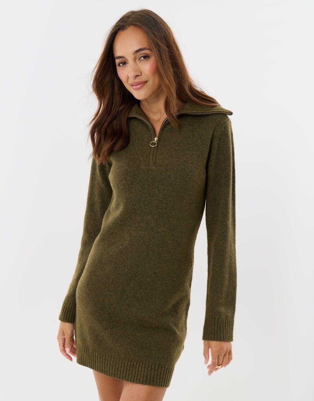 Olive Green Textured Knit Mini Dress with Zip Collar Olive Green Textured Knit Mini Dress with Zip Collar — Classy Knit Dress