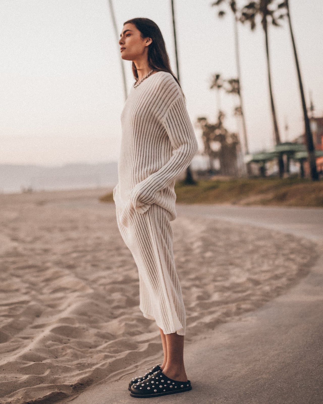 Off-white Ribbed Knit Midi Dress with Chunky Necklace Off-white Ribbed Knit Midi Dress with Chunky Necklace — Classy Knit Dress
