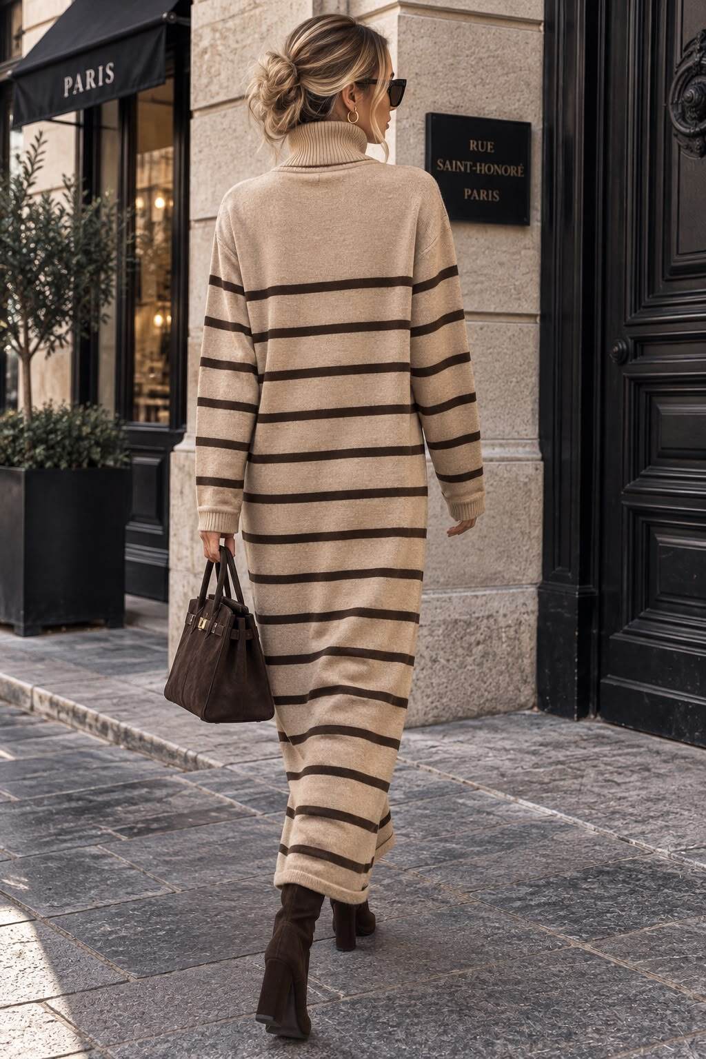 Beige and Brown Striped Knit Maxi Dress with Turtleneck Beige and Brown Striped Knit Maxi Dress with Turtleneck — Classy Knit Dress