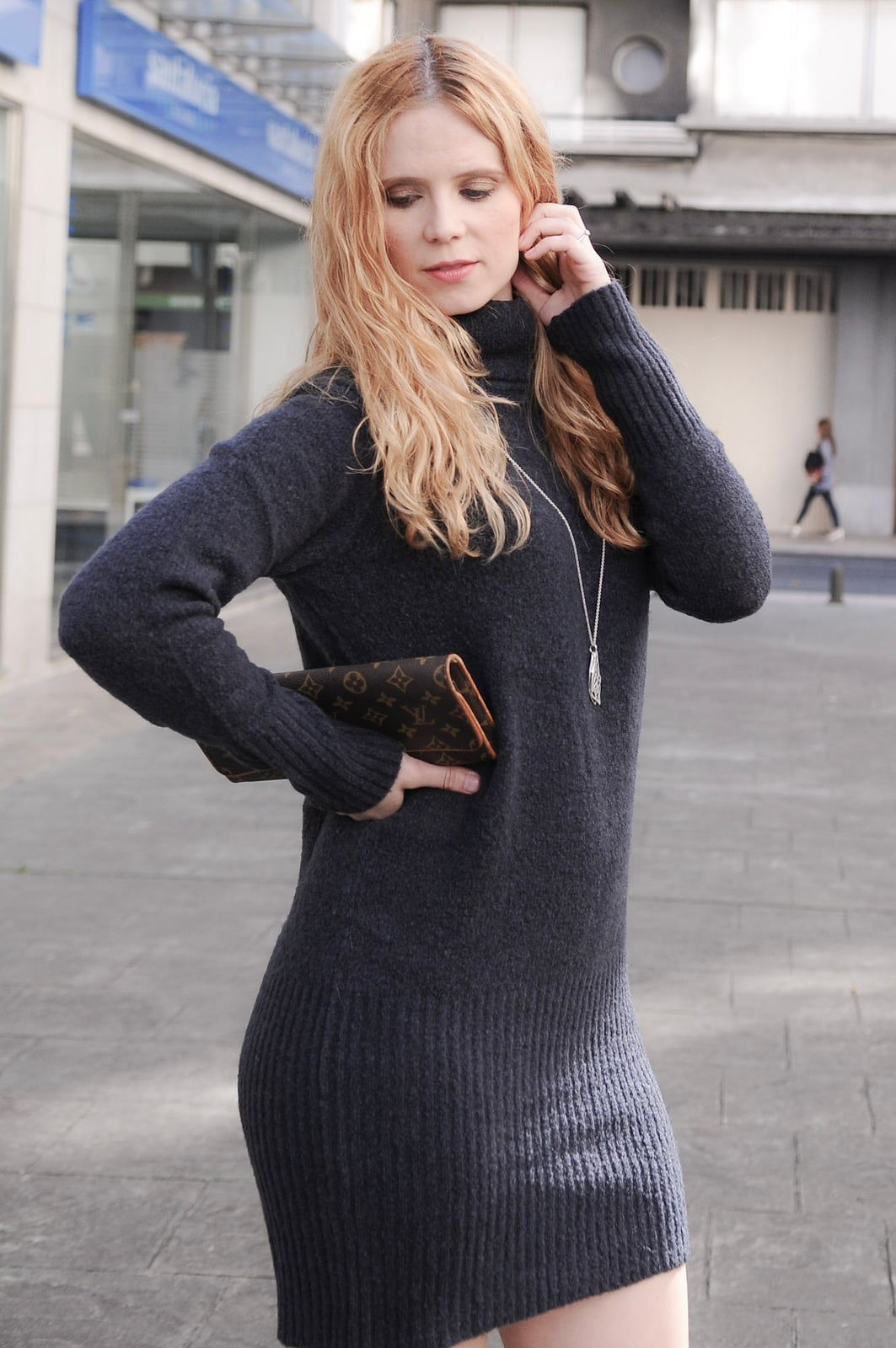 Dark Grey Fitted Ribbed Knit Turtleneck Dress Dark Grey Fitted Ribbed Knit Turtleneck Dress — Classy Knit Dress