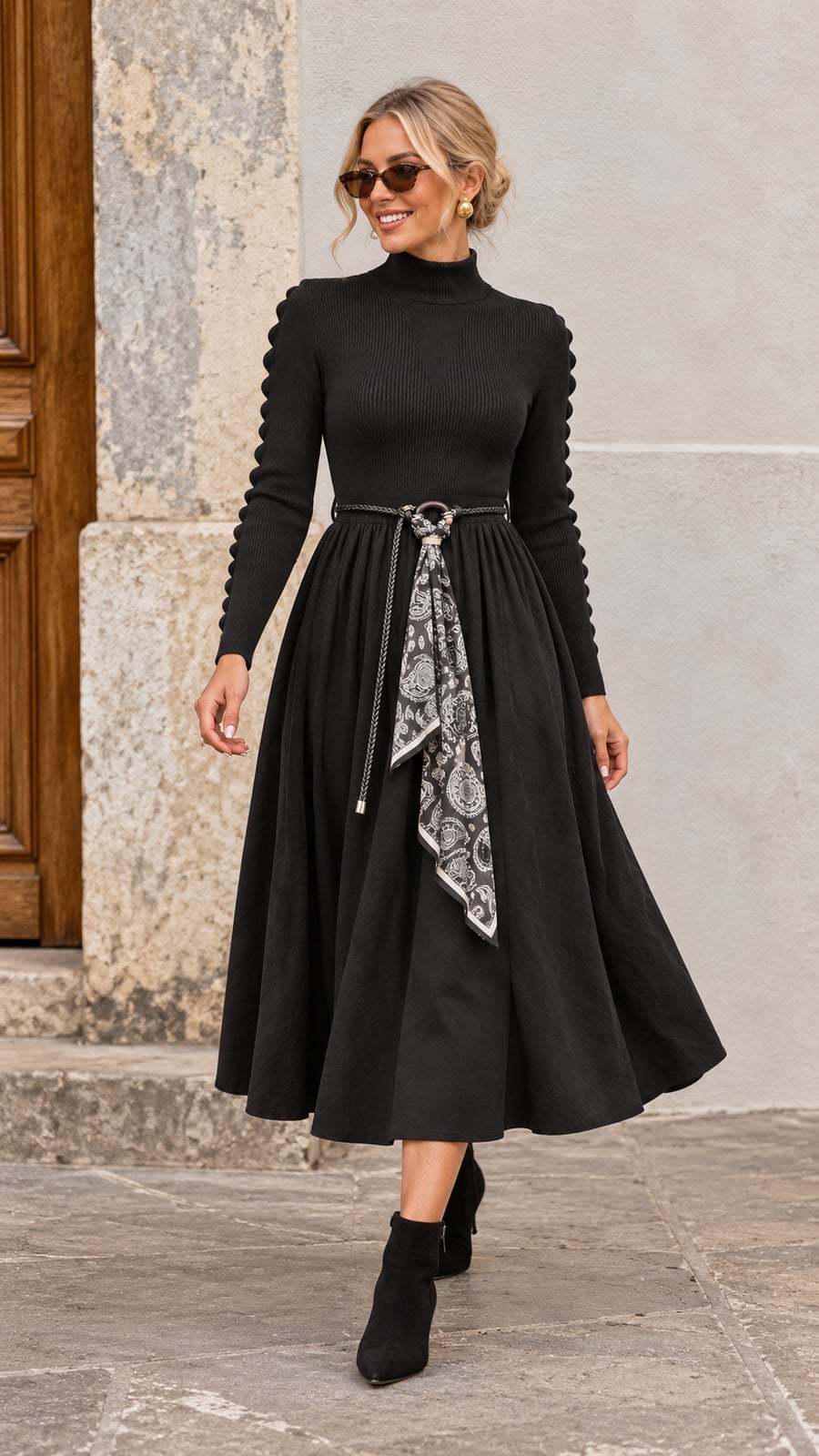 Black Ribbed Knit Midi Dress with Scalloped Sleeves Black Ribbed Knit Midi Dress with Scalloped Sleeves — Classy Knit Dress
