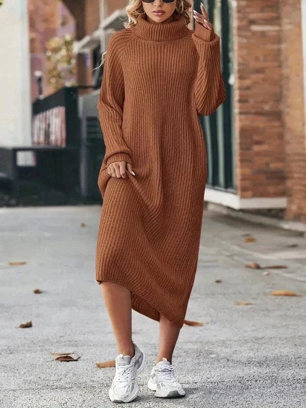 Brown Oversized Turtleneck Knit Maxi Dress with Asymmetrical Hem Brown Oversized Turtleneck Knit Maxi Dress with Asymmetrical Hem — Classy Knit Dress