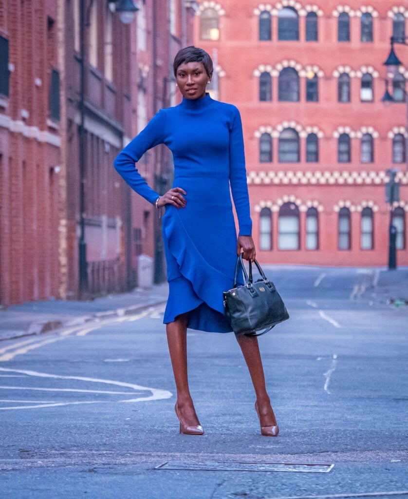 Royal Blue Fitted Knit Midi Dress with Ruffled Hem Royal Blue Fitted Knit Midi Dress with Ruffled Hem — Classy Knit Dress